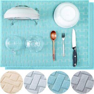 Dish Drying Mat 2 Pack XL Blue Cross Sculpted Microfiber Super Absorbent